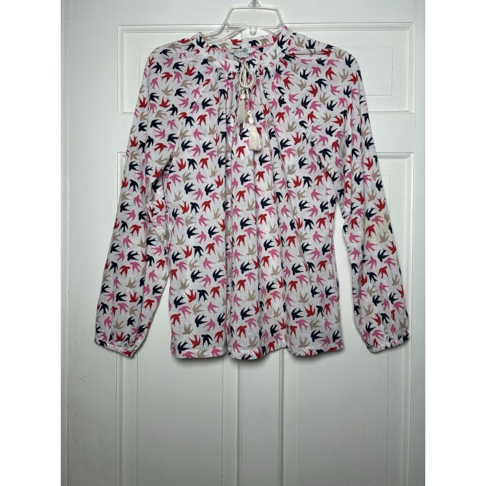 Boden Multi-Color Red/Pink/Blue Bird Print Long Slv White Blouse Women’s 4